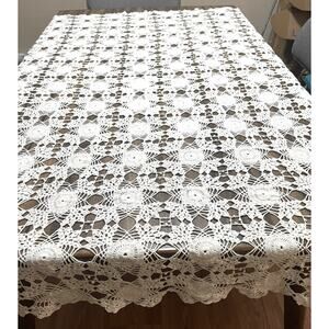 Vintage Ivory Handmade Hand-Crocheted Rectangle Tablecloth 70" x 30"